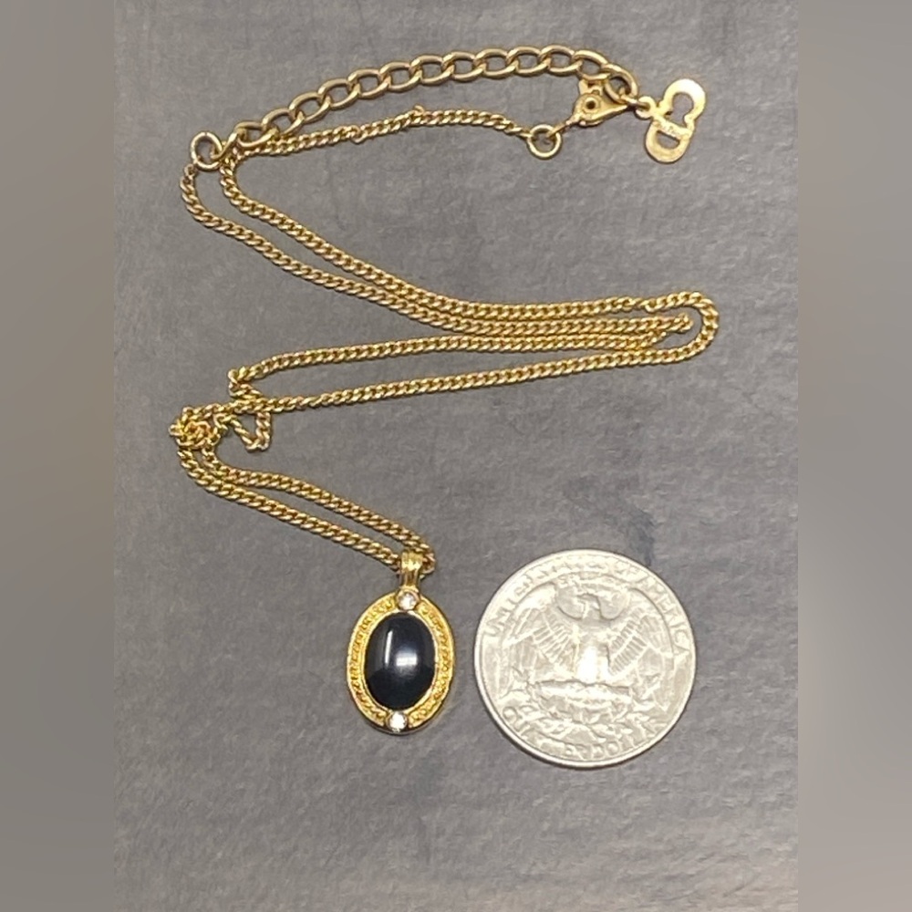 Dior Vintage 80s Black Onyx Oval Enamel Chrystals Pendant Necklace - Picture 10 of 16